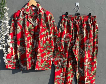 Women's Red Cotton Pajama Set: Jungle Print Lounge Wear