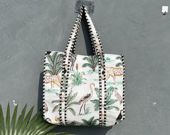 Bolsa de compras acolchoada com estampa de safári na selva de algodão: sacola de compras feita à mão