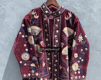 Chaqueta de bordado Suzani de terciopelo de algodón de lujo suave, abrigo corto hecho a mano unisex indio, chaqueta de festival de ropa de fiesta para mujeres, VSJ-02