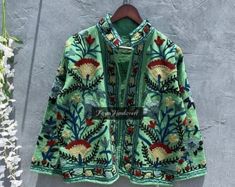 Handmade Suzani Embroidered Cotton Jacket: Indian Boho Coat