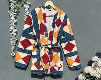 Handmade Patchwork Cotton Jacket: Bohemian Style Belted Coat
