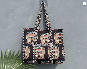 Bolsa acolchoada de algodão com estampa de tigre: sacola de compras feita à mão