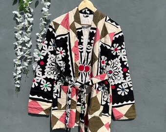 Handmade Cutwork Cotton Jacket: Bohemian Multi-Colored Coat with Belt