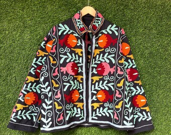 Embroidery Uzbek Cotton Kimono Jacket, Handmade Suzani Robe, Chapan Jacket Coat, Indian Suzani Long Wrap House Coat Ethnic Boho Fashion