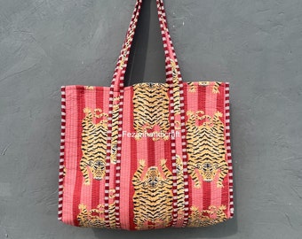 Bolsa de algodão com estampa de tigre: sacola de compras acolchoada feita à mão