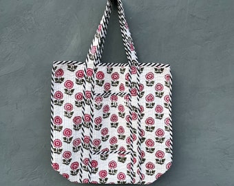 Floral Hand Block Print Bags, Corduroy Tote Bag, Indian Cotton Lightweight Daily Bag, Large Capacity Bags, Quilted Tote Bag, Shoulder Bags,
