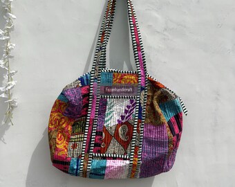 Katoen Zijde Gewatteerde Duffle Tote Bags Patchwork Blokprint Schoudertassen, Eco-vriendelijke Duurzame Tas, Handgemaakte Carry All Patch Bags,