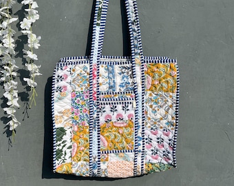 Patchwork Quilted Cotton Tote Bag: Block Print Shoulder Bag