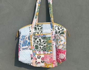 Handmade Quilted Patchwork Tote Bag: Block Print Cotton Duffle