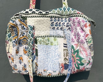 Handmade Quilted Patchwork Tote Bag: Block Print Cotton Duffle