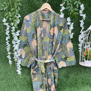 Indian Cotton Kimono Robe: Bohemian Block Print Lightweight Bathrobe