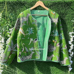 Handmade Cotton Quilted Jacket: Safari Print Button Coat