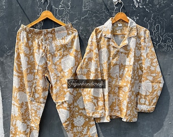 Conjunto de pijama de algodón con estampado de bloques a mano: pijama indio floral