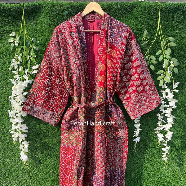 Robe indienne en coton patchwork kimono Ajrack, veste de travail unisexe kimono kantha boho kantha, pardessus d'hiver, chemise de nuit,