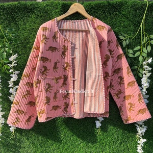Handmade Cotton Quilted Jacket: Tiger Print Vintage Party Coat