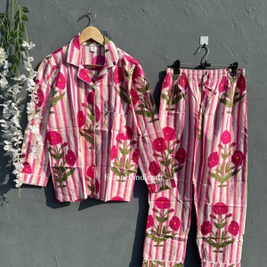 Indian Floral Pink Cotton Pajama set, Women boho Sleep Pants Long Sleeve shirts Matching sets Nightwear | Sleepwear | Cotton pyjamas CPS-07