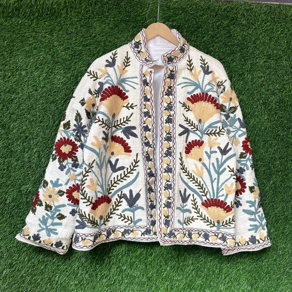 Veste Suzani TNT en coton brodée à la main, manteau style bohème, veste courte brodée unisexe, manteau ethnique Suzani TNT pour femme,