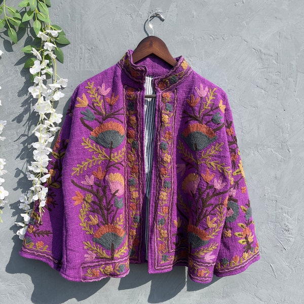 Embroidery Handmade Cotton Suzani TNT Jacket, Bohemian Style Coat, Unisex Short Embroidered Jacket, Suzani TNT Purple Color Women,s Coat,