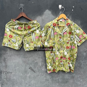 Cotton Floral Pajama Set: Women&#39;s Short PJs, Hand Block Print