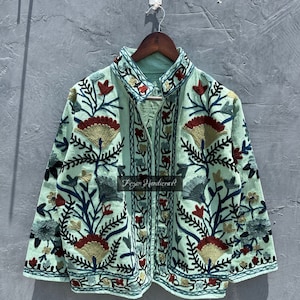 Suzani Cotton Embroidery Jacket, Indian 100% Cotton Women Party Wear Embroidery Short Jacket Coat, Uzbek Suzani Jacket Robe, Gift For Her