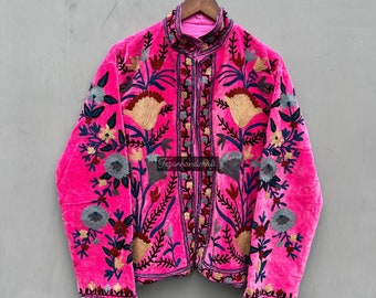 Velvet Suzani Embroidery Jacket: Indian Boho Cotton Coat