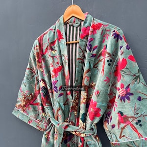 Luxury Cotton Velvet Bird Printed & Velvet Kimono Robes, Morning Tea Velvet Coat, Bathrobe | Beach Cover Dress Free Size Christmas Gift