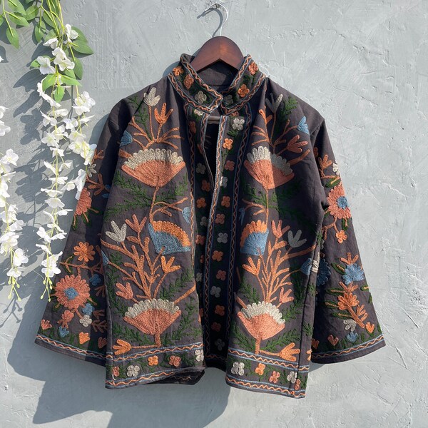 All Suzani Cotton Embroidery Short Jacket, Indian Floral Women Wear Hand Jacket, Embroidery Jacket, Winter Wear Jacket Coat, Womens Coat