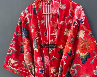 Floral Printed Cotton Velvet Kimono Robe: Boho Beach Cover-Up