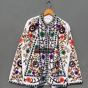 Handmade Suzani Embroidered Cotton Jacket: Quilted Boho Coat