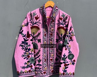 Cotton Suzani Embroidered Jacket: Handmade Indian Floral Boho Coat