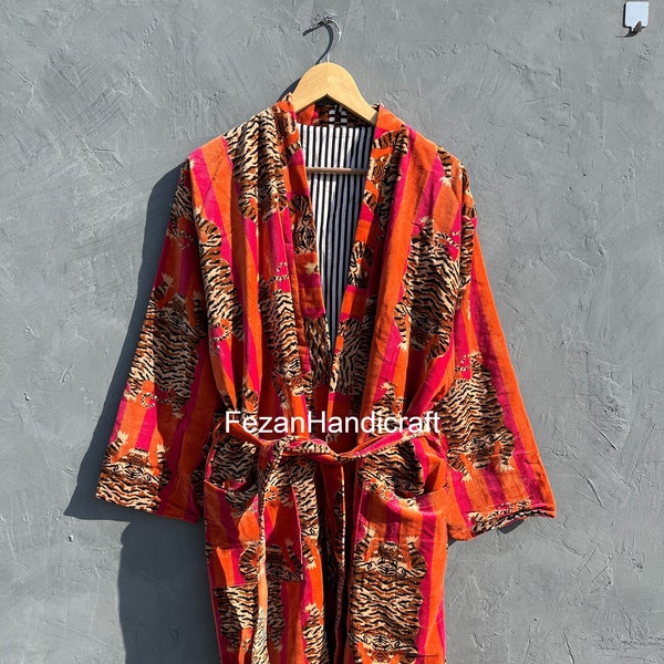 Luxary Velvet Cotton Tiger Print Robes Unisex Kimono Boho Jacket Indian 100% Cotton Velvet Kimono Autumn Winter Gift, INSIDE COTTON LINING,