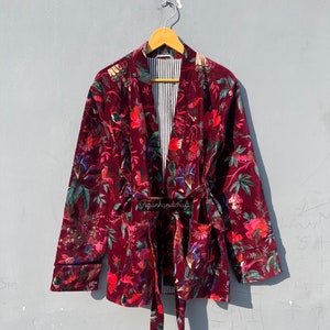 Indian Style Luxury Cotton Velvet Bird Print Jacket Coat Handmade Jacket Bridesmaid Gift For Women Party Wear Coat Jacket with belt
