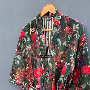 Cotton Velvet Green Bird Printed & Velvet Kimono Robes, Morning Tea Velvet Coat, Bathrobe | Beach Cover Dress Free Size Christmas Gift