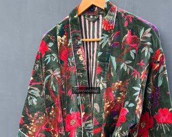 Green Bird Print Velvet Kimono Robe: Cotton Lined, Free Size