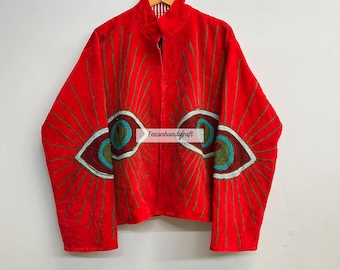 Jaqueta Suzani de veludo com olho grego, casaco de algodão bordado uzbeque, estilo boho hippie