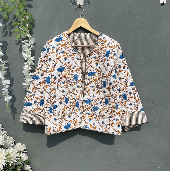 Cotton Block Print Quilting Jacket, Flower Short Kimono Cotton Block Print Quilting Jacket, Flower Short Kimono