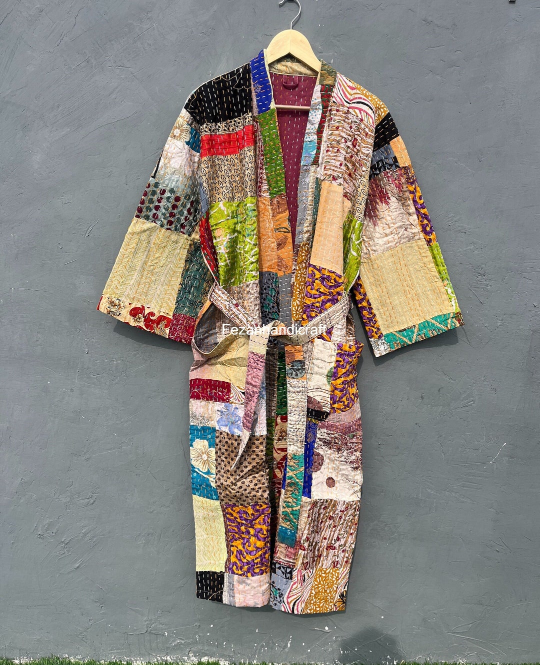 Silk Kantha Patchwork Quilted Kimono, With Pocket Belt House Coat, Robe ...