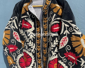 Handmade Velvet Suzani Embroidered Jacket: Bohemian Cotton Lined Coat
