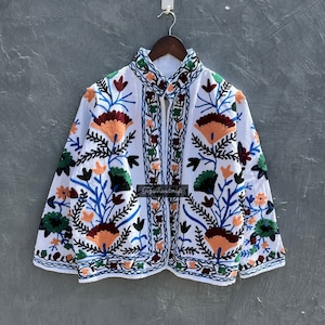 Handmade Suzani Embroidered Cotton Jacket: Quilted Short Coat