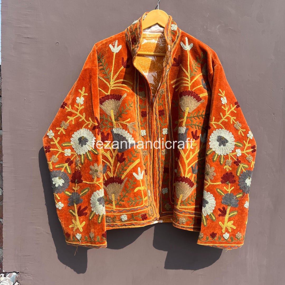 eriutsugi エリウツギ 羽織 ジャケット Suzani Brown Velvet Jacket: Handmade Embroidered Cotton Lining