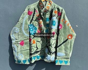 Velvet Embroidered Suzani Jacket, Floral Quilted Coat