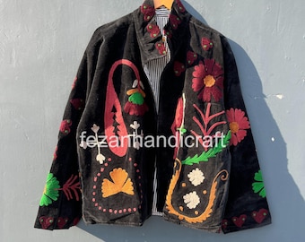 Handmade Black Velvet Suzani Jacket: Embroidered Bohemian Festival Coat