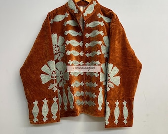 Velvet Suzani Embroidered Jacket, Boho Hippie Style, Handmade Cotton
