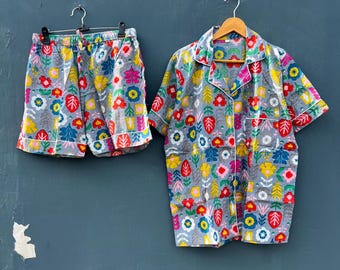 Handmade Cotton Pajama Set: Short Sleeve Shirt & Shorts