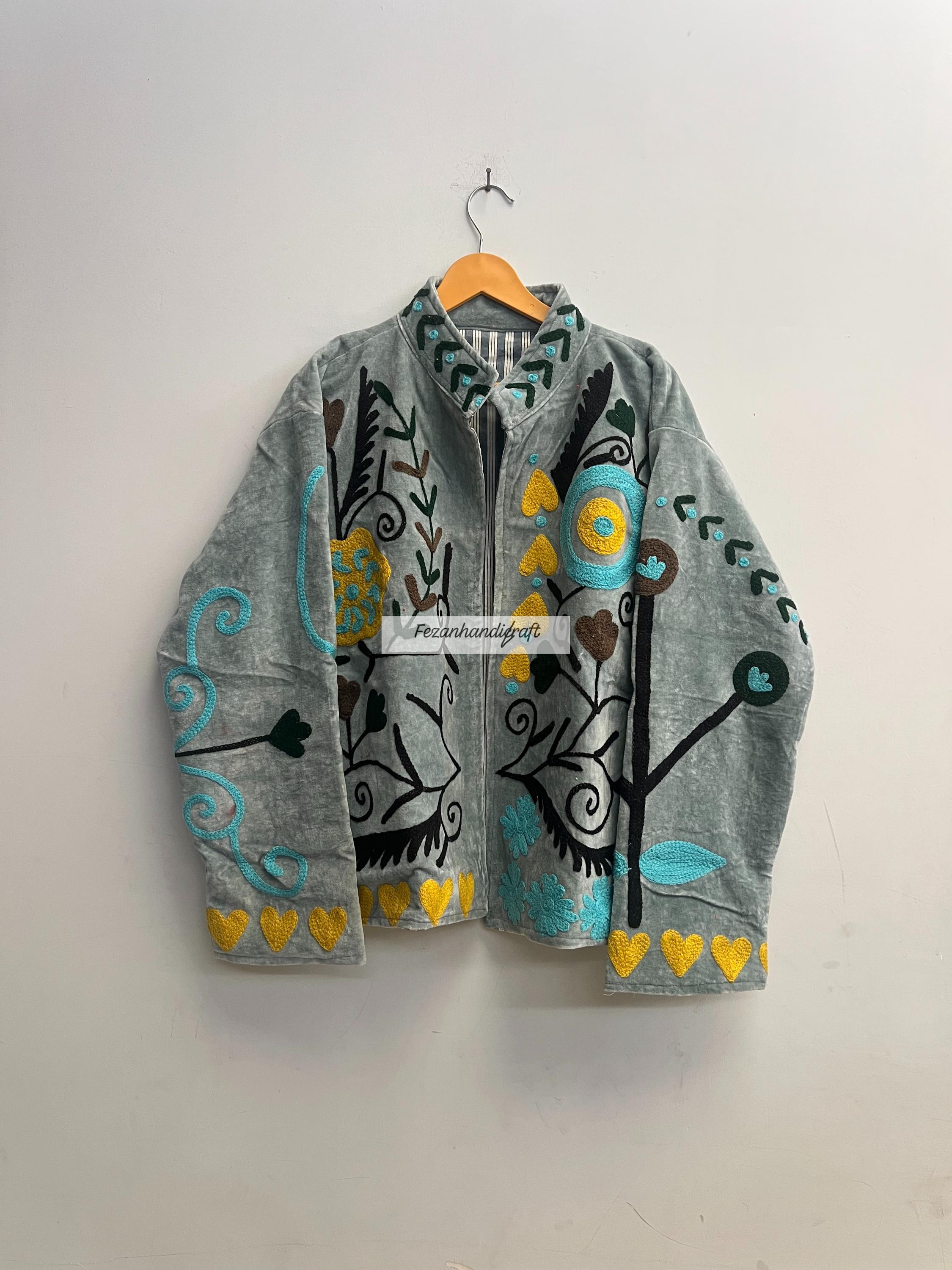 Gray Velvet Suzani Jacket, Embroidered Floral Coat, Boho Chic - Etsy