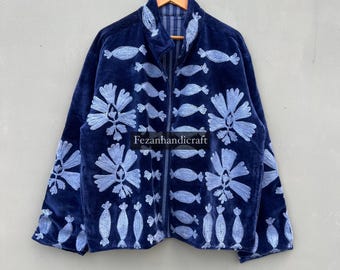 Handmade Suzani Velvet Jacket: Floral Embroidered Hippie Coat