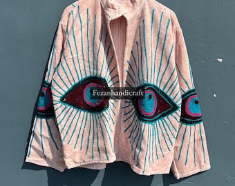 Eye Embroidery Velvet Jacket: Suzani Style, Handmade Cotton Lined Coat