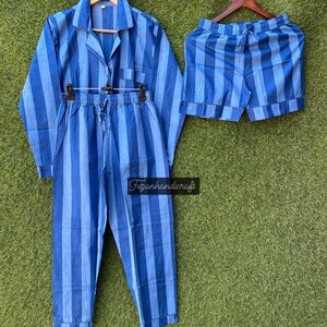 Handmade Cotton Blue Stripe Pajama Set: 3-Piece Women&#39;s PJs