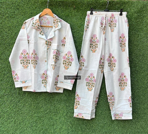 Block Print Cotton Pajama Set: Indian Night Suit, Women's Longwear