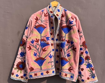 Floral Embroidered Velvet Suzani Jacket - Bohemian Short Coat